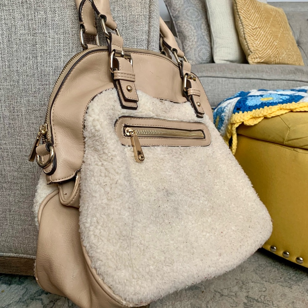 Charming Charlie Sherpa & Faux Leather Cream and Tan Women's Shoulder Bag